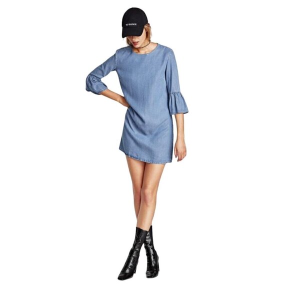 Zara Dress Womens Size XS Chambray Classic Timeless 3/4 Bell Sleeve Mini Neutral - Picture 3 of 11